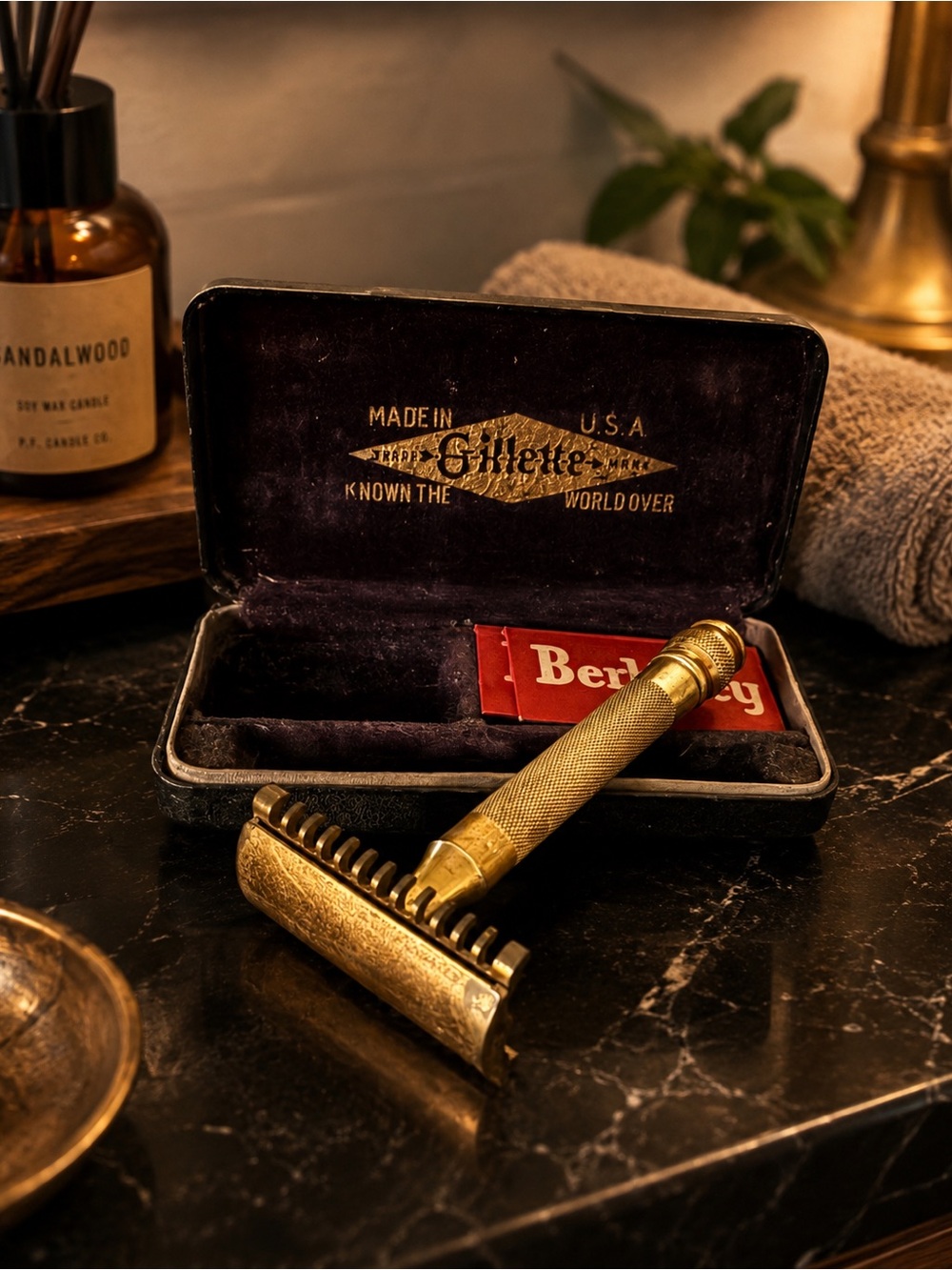 Vintage Gillette 1930s Brass Safety Razor Kit | Original Case | Gold Tone
